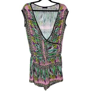 Hale Bob Silky Pastel Feathers Plunge Neckline Romper - S/M